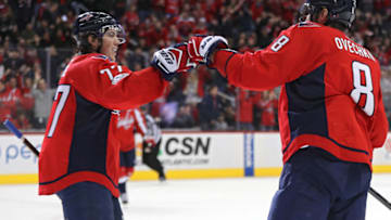WASHINGTON, DC - MARCH 14: Alex Ovechkin #8 of the Washington Capitals celebrates his goal against the Minnesota Wild with teammate T.J. Oshie #77 during the second period at Verizon Center on March 14, 2017 in Washington, DC. (Photo by Patrick Smith/Getty Images)
