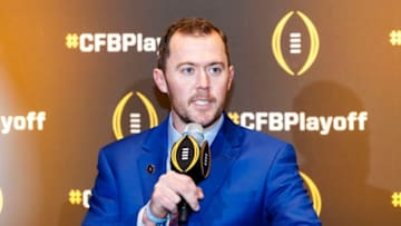 ATLANTA, GA - December 6: Oklahoma Head Coach Lincoln Riley speaks at the College Football Playoff Semifinal Head Coaches News Conference on December 6, 2018 in Atlanta, Georgia. (Photo by Todd Kirkland/Getty Images)