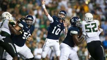 Sep 16, 2016; Houston, TX, USA; Rice Owls quarterback Tyler Stehling (10) attempts a pass during the first quarter against the Baylor Bears at Rice Stadium. Mandatory Credit: Troy Taormina-USA TODAY Sports
