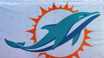 Oct 6, 2013; Miami Gardens, FL, USA; A Miami Dolphins logo is seen prior to a game between the Baltimore Ravens and the Miami Dolphins at Sun Life Stadium. Mandatory Credit: Steve Mitchell-USA TODAY Sports