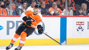 PHILADELPHIA, PENNSYLVANIA - FEBRUARY 22: Morgan Frost #48 of the Philadelphia Flyers passes during the third period against the St. Louis Blues at Wells Fargo Center on February 22, 2022 in Philadelphia, Pennsylvania. (Photo by Tim Nwachukwu/Getty Images)