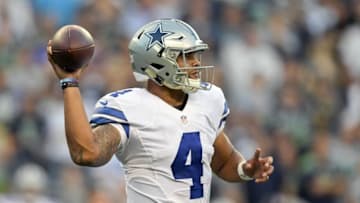 Aug 25, 2016; Seattle, WA, USA; Dallas Cowboys quarterback Dak Prescott (4) passes against the Seattle Seahawks during the first half of an NFL football game at CenturyLink Field. Mandatory Credit: Kirby Lee-USA TODAY Sports