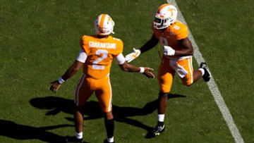 Tennessee quarterback Jarrett Guarantano (2) celebrates with Tennessee running back Ty Chandler (8) during a SEC conference football game between the Tennessee Volunteers and the Kentucky Wildcats held at Neyland Stadium in Knoxville, Tenn., on Saturday, October 17, 2020.Kns Ut Football Kentucky Bp