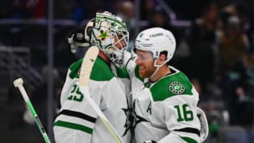 Mar 13, 2023; Seattle, Washington, USA; Dallas Stars goaltender Jake Oettinger (29) and center Joe Pavelski (16) celebrate after defeating the Seattle Kraken at Climate Pledge Arena. Dallas defeated Seattle 5-2. Mandatory Credit: Steven Bisig-USA TODAY Sports