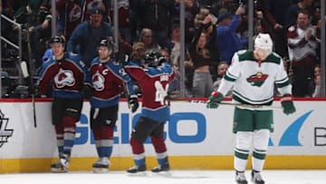 DENVER, CO - MARCH 02: Mikko Rantanen #96 of the Colorado Avalanche celebrates a goal against the Minnesota Wild with teammates Gabriel Landeskog #92 and Samuel Girard #49 at the Pepsi Center on March 2, 2018 in Denver, Colorado. (Photo by Michael Martin/NHLI via Getty Images)