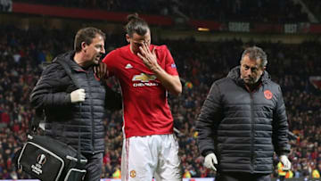 MANCHESTER, ENGLAND - APRIL 20: Zlatan Ibrahimovic of Manchester United leaves the match with an injury during the UEFA Europa League quarter final second leg match between Manchester United and RSC Anderlecht at Old Trafford on April 20, 2017 in Manchester, United Kingdom. (Photo by John Peters/Man Utd via Getty Images)