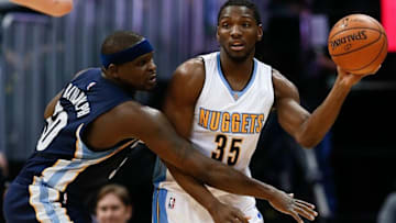 Feb 29, 2016; Denver, CO, USA; Memphis Grizzlies forward Zach Randolph (50) guards Denver Nuggets forward Kenneth Faried (35) in the third quarter at the Pepsi Center. The Grizzlies defeated the Nuggets 103-96. Mandatory Credit: Isaiah J. Downing-USA TODAY Sports