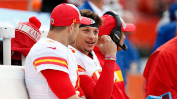 CLEVELAND, OH - NOVEMBER 4: Patrick Mahomes #15 of the Kansas City Chiefs talks with Chad Henne #4 while sitting on the bench during the game against the Cleveland Brownsat FirstEnergy Stadium on November 4, 2018 in Cleveland, Ohio. (Photo by Kirk Irwin/Getty Images)