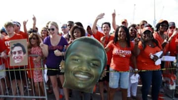 Dec 31, 2015; Miami Gardens, FL, USA; Clemson Tigers fans cheer for quarterback Deshaun Watson (4) prior to the 2015 CFP semifinal at the Orange Bowl against the Oklahoma Sooners at Sun Life Stadium. Mandatory Credit: Kim Klement-USA TODAY Sports