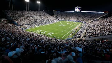 PROVO, UT - SEPTEMBER 30: Fans watches a game in Lavell Edwards Stadium against the Toledo Rockets and Brigham Young Cougars on September 30, 2016 in Provo, Utah. (Photo by George Frey/Getty Images)