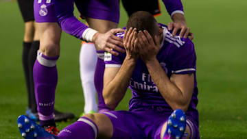 09 Karim Benzema of Real Madrid reacts during the Spanish La Liga Santander soccer match between Valencia CF vs Real Madrid at Mestalla Stadium on February 22, 2017. (Photo by Jose Miguel Fernandez/NurPhoto via Getty Images)