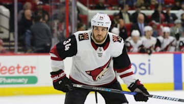 RALEIGH, NC - MARCH 22: Arizona Coyotes Left Wing Zac Rinaldo (34) during the 2nd period of the Carolina Hurricanes game versus the Arizona Coyotes on March 22, 2018, at PNC Arena (Photo by Jaylynn Nash/Icon Sportswire via Getty Images)