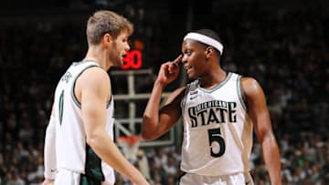 EAST LANSING, MI - FEBRUARY 15: Cassius Winston #5 and Kyle Ahrens #0 of the Michigan State Spartans talk in the second half of the game against the Maryland Terrapins at the Breslin Center on February 15, 2020 in East Lansing, Michigan. (Photo by Rey Del Rio/Getty Images)