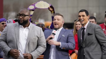 ATLANTA, GA - DECEMBER 07: Marcus Spears, Pat McAfee and David Pollack at ESPN College Game Day during a game between Georgia Bulldogs and LSU Tigers at Mercedes Benz Stadium on December 7, 2019 in Atlanta, Georgia. (Photo by Steve Limentani/ISI Photos/Getty Images)