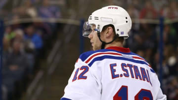 Apr 4, 2016; Columbus, OH, USA; New York Rangers center Eric Staal (12) against the Columbus Blue Jackets at Nationwide Arena. The Rangers won 4-2. Mandatory Credit: Aaron Doster-USA TODAY Sports