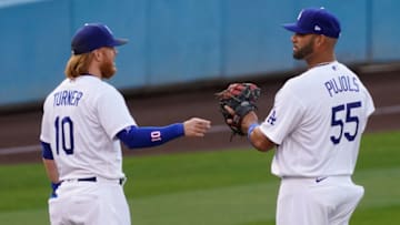 Los Angeles Dodgers first baseman Albert Pujols and third baseman Justin Turner. (Robert Hanashiro-USA TODAY Sports)