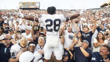 AUBURN, ALABAMA - SEPTEMBER 17: Defensive tackle Zane Durant #28 of the Penn State Nittany Lions celebrates with fans after defeating the Auburn Tigers at Jordan-Hare Stadium on September 17, 2022 in Auburn, Alabama. (Photo by Michael Chang/Getty Images)
