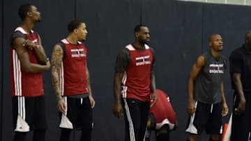 Jun 7, 2014; San Antonio, TX, USA; (left to right) Miami Heat center Chris Bosh (1) forward Michael Beasley (8) forward LeBron James (6) and guard Ray Allen (34) during practice before game 2 of the 2014 NBA Finals at Spurs Practice Facility. Mandatory Credit: Bob Donnan-USA TODAY Sports