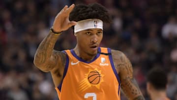 Feb 21, 2020; Toronto, Ontario, CAN; Phoenix Sus forward Kelly Oubre Jr. (3) gestures after scoring against the Toronto Raptors in the first half at Scotiabank Arena. Mandatory Credit: Dan Hamilton-USA TODAY Sports