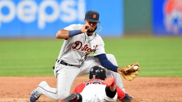 CLEVELAND, OHIO - SEPTEMBER 18: Shortstop Willi Castro #49 of the Detroit Tigers catches Francisco Lindor #12 of the Cleveland Indians stealing to end the fifth inning at Progressive Field on September 18, 2019 in Cleveland, Ohio. (Photo by Jason Miller/Getty Images)