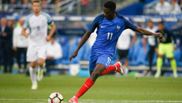 France's forward Ousmane Dembele shoots the ball during the international friendly football match between France and England, on June 13, 2017 at the Stade de France, in Saint-Denis, north of Paris, France. (Photo by Geoffroy Van der Hasselt/NurPhoto via Getty Images)