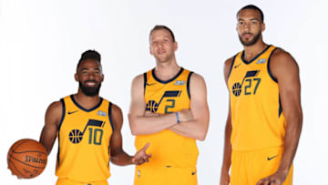 OKC Thunder Team Preview: Mike Conley #10, Rudy Gobert #27 and Joe Ingles #2 of the Utah Jazz pose (Photo by Melissa Majchrzak/NBAE via Getty Images)