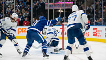 Nov 4, 2021; Toronto, Ontario, CAN; Toronto Maple Leafs center John Tavares (91) reacts after scoring a goal during the third period against the Tampa Bay Lightning at Scotiabank Arena. Mandatory Credit: Nick Turchiaro-USA TODAY Sports