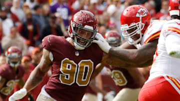 Oct 17, 2021; Landover, Maryland, USA; Washington Football Team defensive end Montez Sweat (90) chases the ball carrier against the Kansas City Chiefs at FedExField. Mandatory Credit: Geoff Burke-USA TODAY Sports