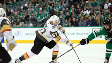 DALLAS, TX - DECEMBER 09: David Perron #57 of the Vegas Golden Knights scores a goal against the Dallas Stars in the second period at American Airlines Center on December 9, 2017 in Dallas, Texas. (Photo by Ronald Martinez/Getty Images)