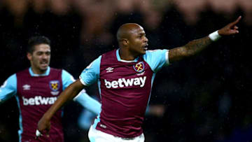 WATFORD, ENGLAND - FEBRUARY 25: Andre Ayew of West Ham United celebrates after scoring his sides first goal during the Premier League match between Watford and West Ham United at Vicarage Road on February 25, 2017 in Watford, England. (Photo by Jordan Mansfield/Getty Images)