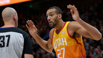 SALT LAKE CITY, UT - NOVEMBER 21: Rudy Gobert #27 of the Utah Jazz reacts to a foul called by referee Eric Dalen in the first half of a NBA game against the Sacramento Kings at Vivint Smart Home Arena on November 21, 2018 in Salt Lake City, Utah. (Photo by Gene Sweeney Jr./Getty Images)