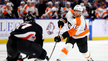 Jan 9, 2023; Buffalo, New York, USA; Philadelphia Flyers defenseman Cam York (45) takes a shot on goal during the third period against the Buffalo Sabres at KeyBank Center. Mandatory Credit: Timothy T. Ludwig-USA TODAY Sports