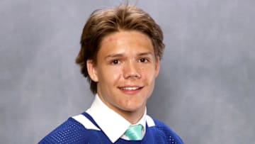 NASHVILLE, TENNESSEE - JUNE 28: Easton Cowan seen at the portrait studio after being selected by the Toronto Maple Leafs as the 28th overall during round one of the 2023 Upper Deck NHL Draft at Bridgestone Arena on June 28, 2023 in Nashville, Tennessee. (Photo by Terry Wyatt/Getty Images)