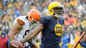 Oct 20, 2013; Green Bay, WI, USA; Green Bay Packers tight end Jermichael Finley (88) reacts after scoring a touchdown in the 1st quarter against the Cleveland Browns at Lambeau Field. Mandatory Credit: Benny Sieu-USA TODAY Sports
