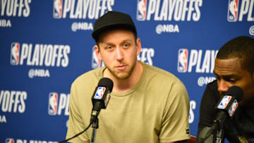HOUSTON, TX - MAY 2: Joe Ingles #2 of the Utah Jazz speaks with media after the game against the Houston Rockets in Game Two of Round Two of the 2018 NBA Playoffs on May 2, 2018 at Toyota Center in Houston, TX. NOTE TO USER: User expressly acknowledges and agrees that, by downloading and or using this Photograph, user is consenting to the terms and conditions of the Getty Images License Agreement. Mandatory Copyright Notice: Copyright 2018 NBAE (Photo by Andrew D. Bernstein/NBAE via Getty Images)