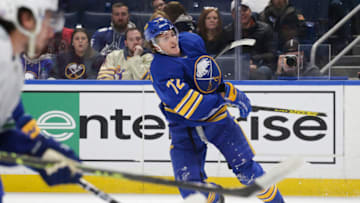 BUFFALO, NEW YORK - NOVEMBER 15: Tage Thompson #72 of the Buffalo Sabres breaks his stick while shooting during the second period of an NHL hockey game of the game against the Vancouver Canucks at KeyBank Center on November 15, 2022 in Buffalo, New York. (Photo by Joshua Bessex/Getty Images)
