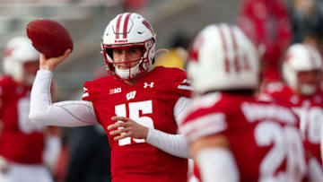 Nov 9, 2019; Madison, WI, USA; Wisconsin Badgers quarterback Danny Vanden Boom (15) during warmups prior to the game against the Iowa Hawkeyes at Camp Randall Stadium. Mandatory Credit: Jeff Hanisch-USA TODAY Sports
