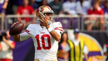 MINNEAPOLIS, MN - SEPTEMBER 09: Jimmy Garoppolo #10 of the San Francisco 49ers passes the ball in the first half of the game against the Minnesota Vikings at U.S. Bank Stadium on September 9, 2018 in Minneapolis, Minnesota. (Photo by Adam Bettcher/Getty Images)