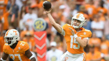 Tennessee quarterback Harrison Bailey (15) throws the ball during a NCAA football game against Tennessee Tech at Neyland Stadium in Knoxville, Tenn. on Saturday, Sept. 18, 2021.Kns Tennessee Tenn Tech Football