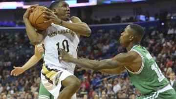 Nov 14, 2016; New Orleans, LA, USA; New Orleans Pelicans guard Langston Galloway (10) goes up for a shot as he is defended by Boston Celtics guard Terry Rozier (12) during the second quarter of the game at the Smoothie King Center. Mandatory Credit: Matt Bush-USA TODAY Sports