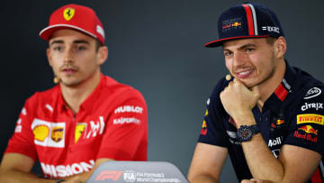 ABU DHABI, UNITED ARAB EMIRATES - NOVEMBER 28: Max Verstappen of Netherlands and Red Bull Racing and Charles Leclerc of Monaco and Ferrari look on in the Drivers Press Conference during previews ahead of the F1 Grand Prix of Abu Dhabi at Yas Marina Circuit on November 28, 2019 in Abu Dhabi, United Arab Emirates. (Photo by Clive Mason/Getty Images)