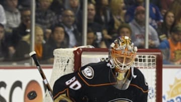 Jan 7, 2015; Anaheim, CA, USA; Anaheim Ducks goalie Ilya Bryzgalov (80) covers the goal as a puck goes by against the New York Rangers during the third period at Honda Center. The New York Rangers won 4-1. Mandatory Credit: Kelvin Kuo-USA TODAY Sports