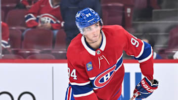 MONTREAL, CANADA - SEPTEMBER 29: Logan Mailloux #94 of the Montreal Canadiens skates during warm-ups of a pre-season game against the Toronto Maple Leafs at the Bell Centre on September 29, 2023 in Montreal, Quebec, Canada. The Toronto Maple Leafs defeated the Montreal Canadiens 2-1. (Photo by Minas Panagiotakis/Getty Images)