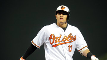 Sep 15, 2016; Baltimore, MD, USA; Baltimore Orioles third baseman Manny Machado (13) reacts after flying out in the game against the Tampa Bay Rays at Oriole Park at Camden Yards. Mandatory Credit: Evan Habeeb-USA TODAY Sports