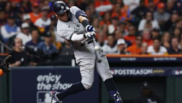 HOUSTON, TEXAS - OCTOBER 19: Aaron Judge #99 of the New York Yankees hits a foul ball during the third inning against the Houston Astros in game one of the American League Championship Series at Minute Maid Park on October 19, 2022 in Houston, Texas. (Photo by Tom Pennington/Getty Images)
