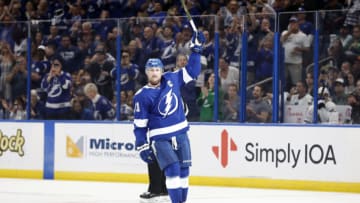 Apr 21, 2022; Tampa, Florida, USA; Tampa Bay Lightning center Steven Stamkos (91) celebrates to fans as he is the all time leading scorer against the Toronto Maple Leafs during the second period at Amalie Arena. Mandatory Credit: Kim Klement-USA TODAY Sports