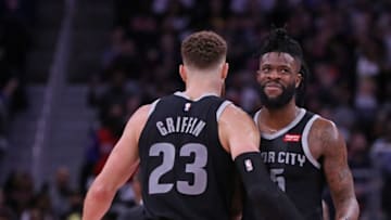 DETROIT, MI - JANUARY 18: Blake Griffin #23 and Reggie Bullock #25 of the Detroit Pistons celebrate a win over the Miami Heat at Little Caesars Arena on January 18, 2019 in Detroit, Michigan. Detroit defeated Miami 98-93. NOTE TO USER: User expressly acknowledges and agrees that, by downloading and or using this photograph, User is consenting to the terms and conditions of the Getty Images License Agreement (Photo by Leon Halip/Getty Images)