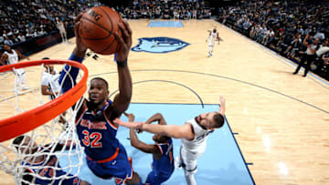 MEMPHIS, TN - NOVEMBER 25: Noah Vonleh #32 of the New York Knicks dunks the ball against the Memphis Grizzlies on November 25, 2018 at FedExForum in Memphis, Tennessee. NOTE TO USER: User expressly acknowledges and agrees that, by downloading and or using this photograph, User is consenting to the terms and conditions of the Getty Images License Agreement. Mandatory Copyright Notice: Copyright 2018 NBAE (Photo by Joe Murphy/NBAE via Getty Images)