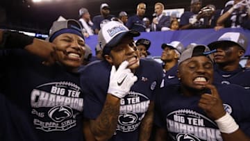 Dec 3, 2016; Indianapolis, IN, USA; Penn State Nittany Lions celebrate after the game against the Wisconsin Badgers during the Big Ten Championship college football game at Lucas Oil Stadium. Penn State defeats Wisconsin 38-31. Mandatory Credit: Brian Spurlock-USA TODAY Sports