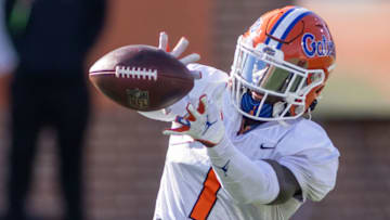 Jan 28, 2021; American wide receiver Kadarius Toney of Florida (1) grabs a pass during American practice at Hancock Whitney Stadium in Mobile, Alabama, USA; Mandatory Credit: Vasha Hunt-USA TODAY Sports
